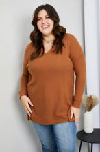 Load image into Gallery viewer, In The Know Full Size Waffle-Knit Slit V-Neck Tunic Top in Deep Camel