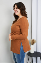 Load image into Gallery viewer, In The Know Full Size Waffle-Knit Slit V-Neck Tunic Top in Deep Camel