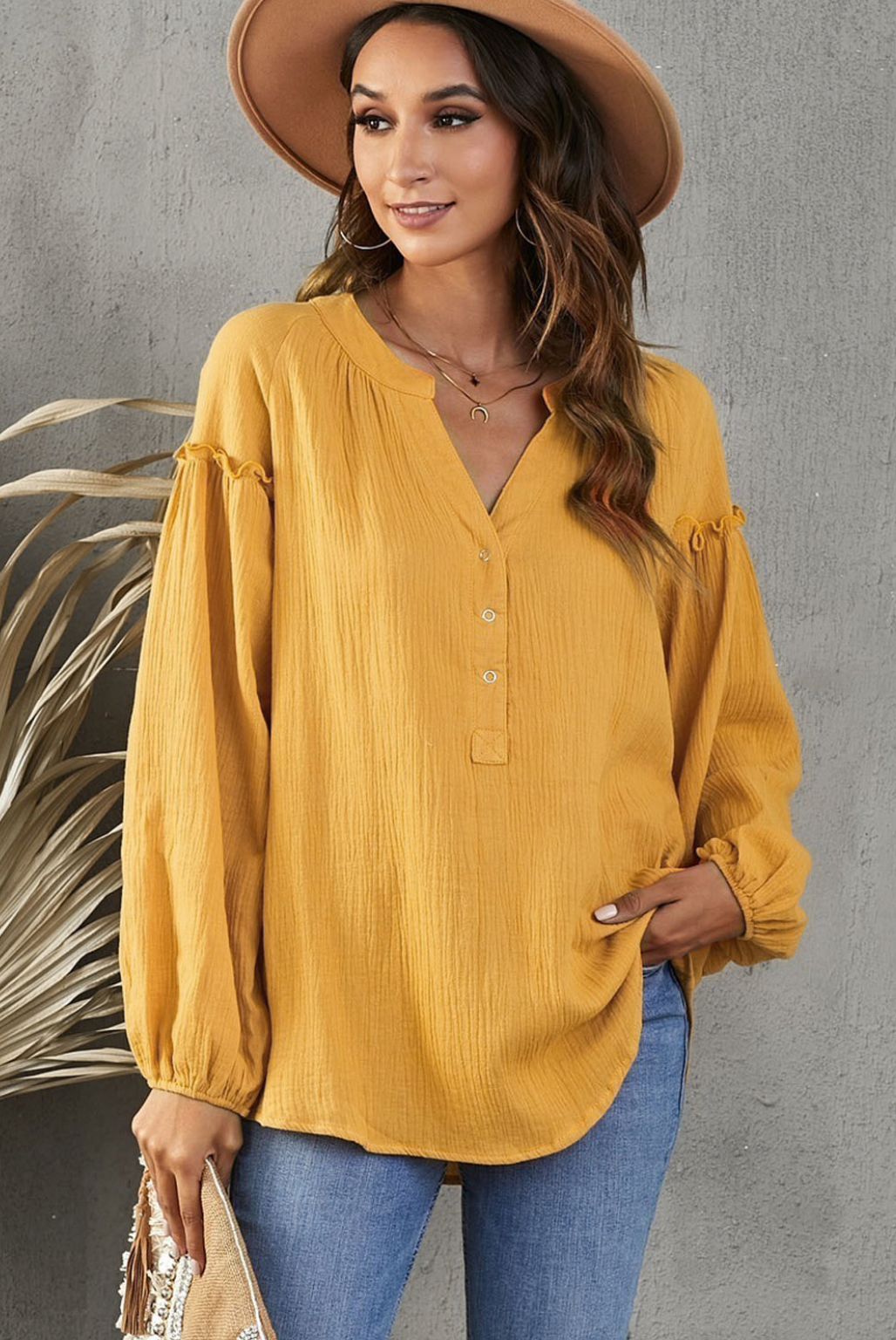Ensley Balloon Sleeve Notched Neck Blouse in Mustard