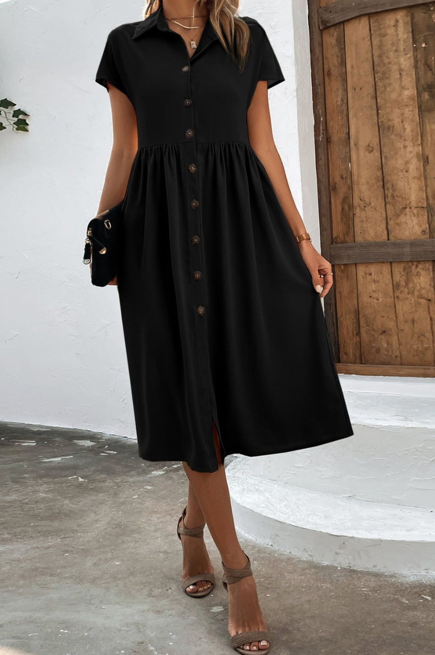 Samantha Button Front Short Sleeve Dress in Black