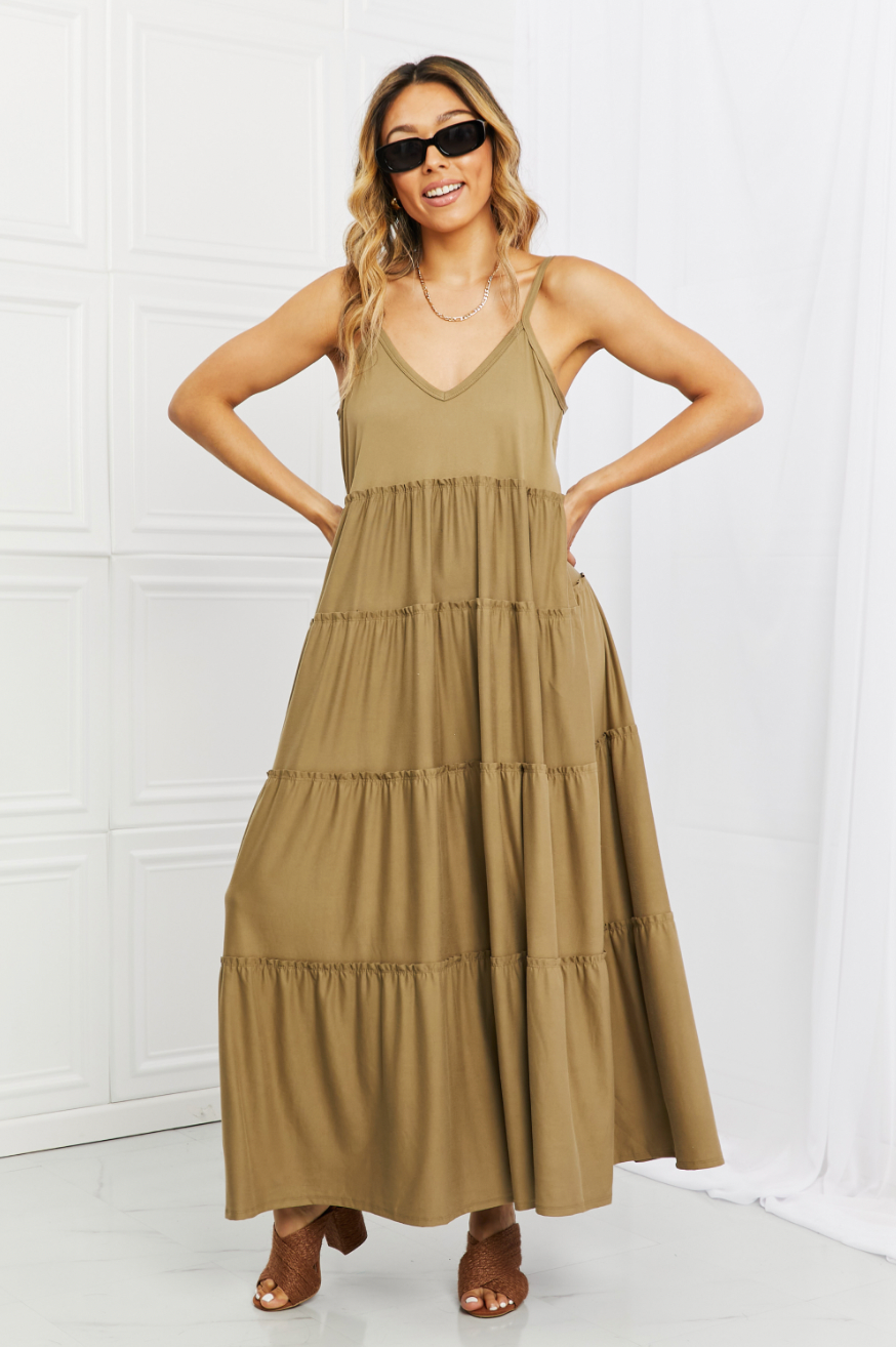 Miley Spaghetti Strap Tiered Dress with Pockets in Khaki